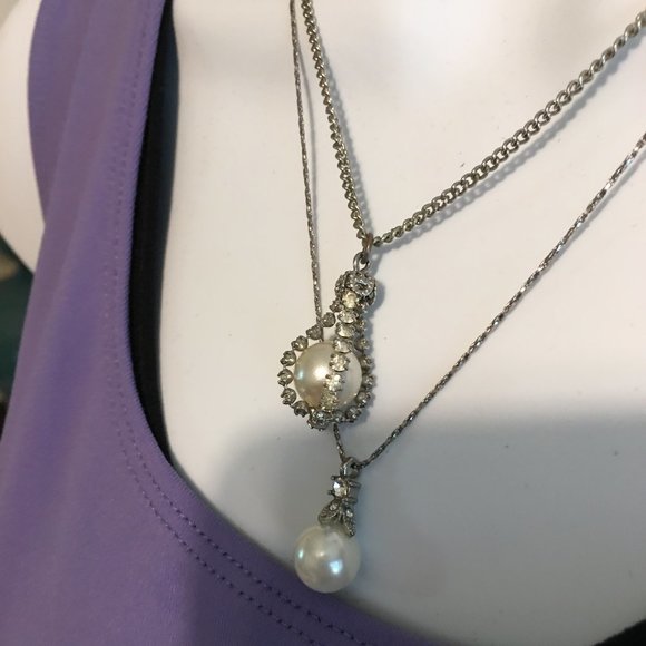 (2) Timeless Vintage Faux Pearl and Diamond Heirloom Necklaces, So Pretty! - Picture 1 of 7